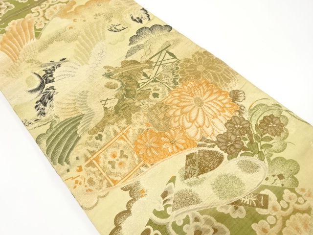 アンティーク　鶴に読み本・菊模様織り出し名古屋帯（材料）